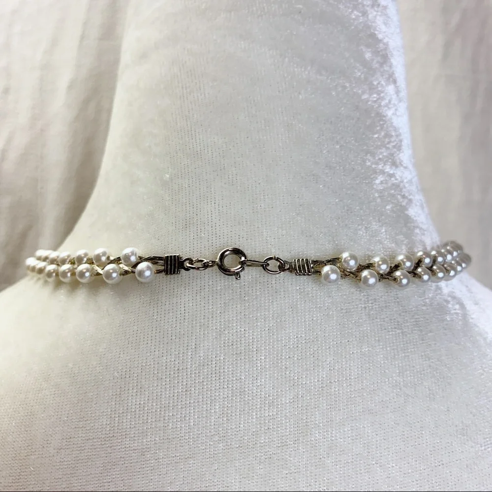 Gold Tone Chain Braided Faux White Pearl Necklace.